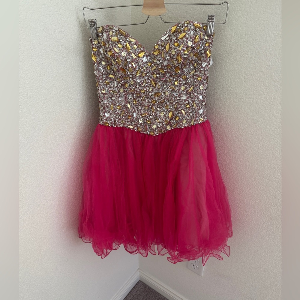Terani Couture Strapless Sweatheart hot pink Dress golden crystals size 4 prom